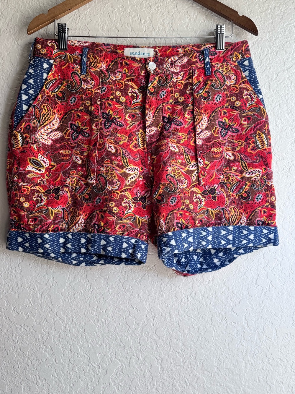 Sundance Kalini Mixed Print Shorts Red Paisley Blue Diamond Cuffed Linen Cotton